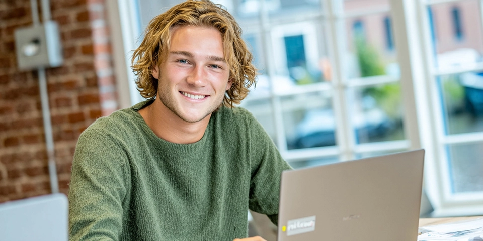 Een trainee werkt lachend achter zijn laptop