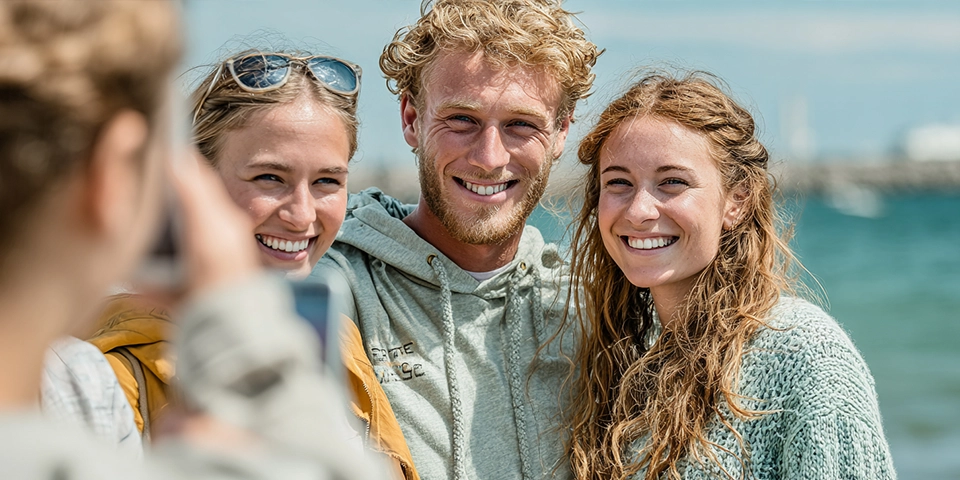 Drie trainees poseren lachend voor een foto