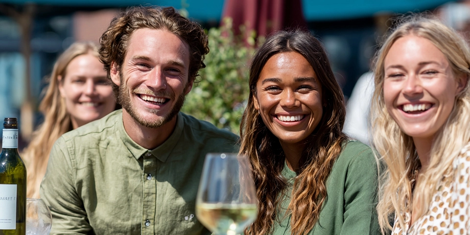Een groep trainees zit samen op een terras